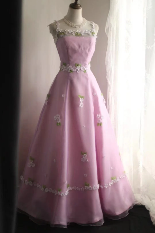 Pink halter-neck floral design, fitted waist, A-line silhouette, full skirt, long ball gown, bridal dress R6841