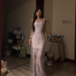 Light purple halter-neck fitted waist slit skirt ball gown R7600
