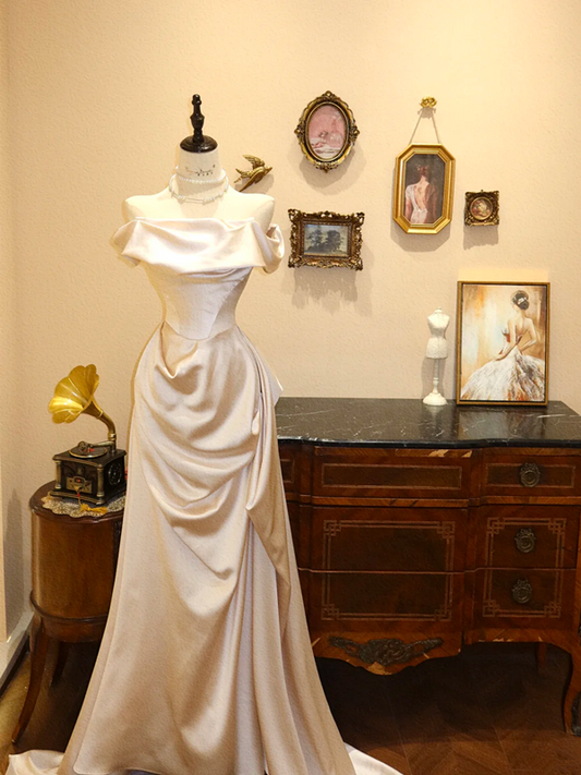Champagne-colored satin off-the-shoulder fitted long wedding dress R6603