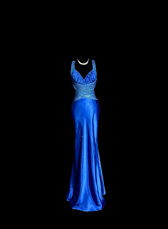 Blue halter-neck, fitted waist, backless, sexy long ball gown R6683