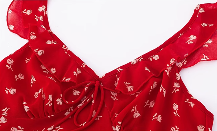 French pure red floral slim dress 2025 new sweet long dress R2590