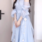 Blue off-shoulder halter neck dress gentle temperament beautiful dress R0741