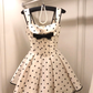 White polka dot suspenders waist slimming A-line pleated skirt short skirt homecoming dress R4156