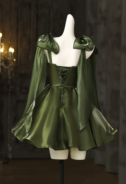 Elegant Bud Green A-Line Spaghetti Straps with Bow-knot Corset Mini Prom Dress Homecoming Dress RS439