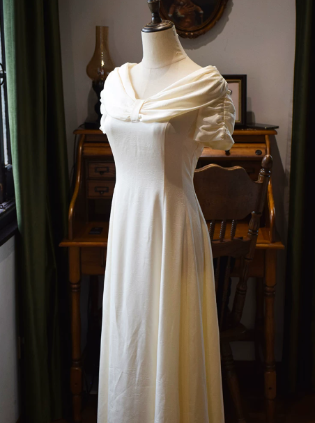 French Chic White A-Line Portrait Chiffon Maxi Prom Dress Summer Dress RS514