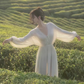 White dress, super fairy temperament chiffon skirt, waist slimming V-neck long sleeve long skirt R1707
