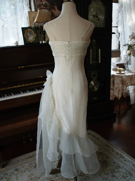 Bohemian White Sheath Spaghetti Straps Polka Dots Tulle Maxi Prom Dress Evening Dress RS516