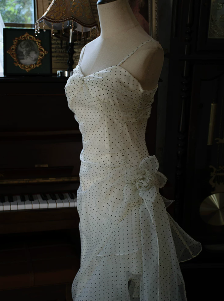 Bohemian White Sheath Spaghetti Straps Polka Dots Tulle Maxi Prom Dress Evening Dress RS516