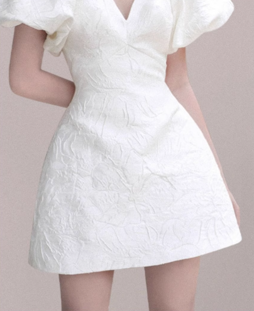 French retro white jacquard puff sleeves V-neck slim banquet party evening dress skirt homecoming dress R2976