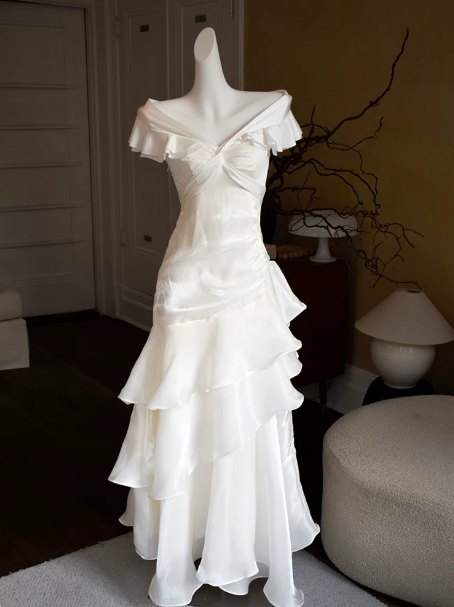 Elegant White Ruffled A-Line Portrait Corset Maxi Prom Dress Evening Dress RS517