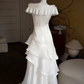 Elegant White Ruffled A-Line Portrait Corset Maxi Prom Dress Evening Dress RS517