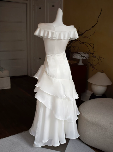 Elegant White Ruffled A-Line Portrait Corset Maxi Prom Dress Evening Dress RS517