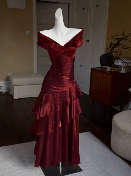 Elegant Ruffled A-Line Portrait Corset Maxi Prom Dress Evening Dress RS518
