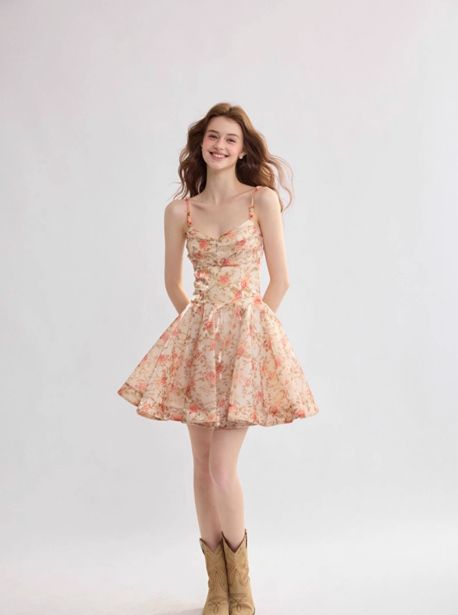 French suspender skirt floral dress high-end wear short skirt summer skirt R2767