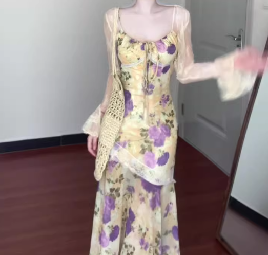 Suspender floral dress beautiful small skirt gentle temperament waist fishtail skirt R0664