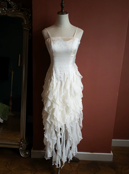 Elegant White Ruffled A-Line Spaghetti Straps Irregular Hem Corset Maxi Prom Dress Cocktail Dress RS519