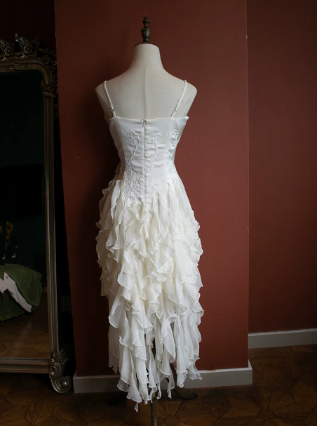 Elegant White Ruffled A-Line Spaghetti Straps Irregular Hem Corset Maxi Prom Dress Cocktail Dress RS519