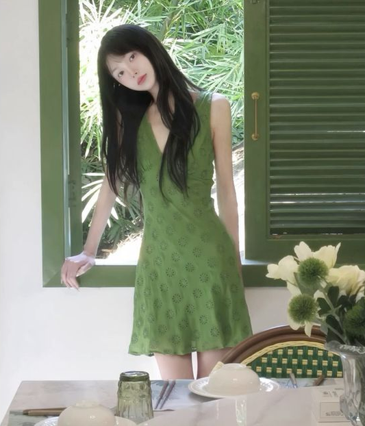 Green V-neck slim waist short skirt homecoming dress R3435