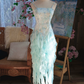 Fresh Mint Green Ruffled A-Line Spaghetti Straps Irregular Hem Corset Maxi Prom Dress Cocktail Dress RS520