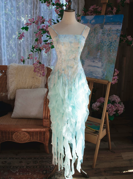 Fresh Mint Green Ruffled A-Line Spaghetti Straps Irregular Hem Corset Maxi Prom Dress Cocktail Dress RS520