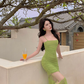 Green suspender dress, elegant waist, slim fit, hip skirt R0535