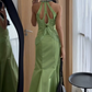 Elegant Green Sheath V-neck Satin Bodycon Maxi Prom Dress Evening Dress RS521