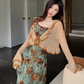 French style retro green printed dress with slim waist and suspenders long dress with lace cardigan R1695