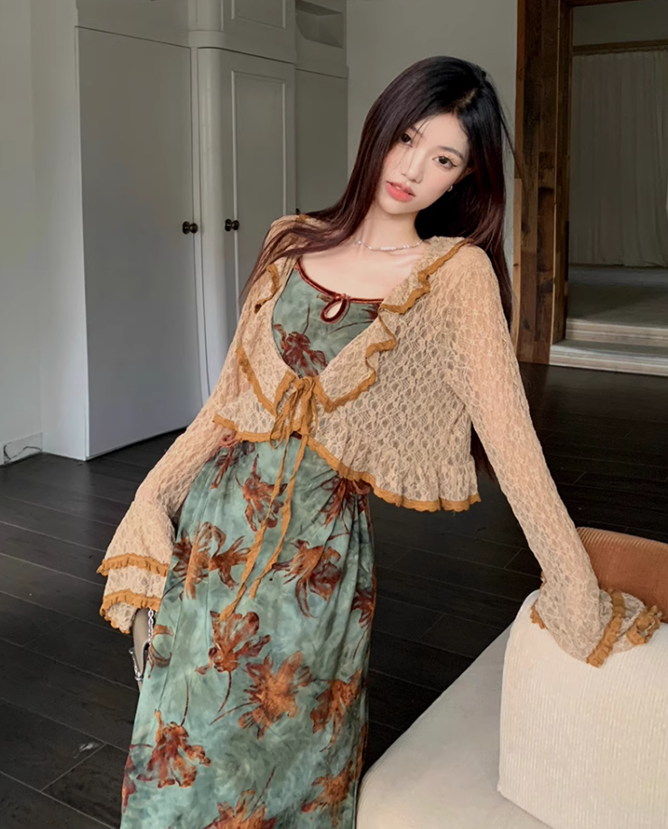 French style retro green printed dress with slim waist and suspenders long dress with lace cardigan R1695