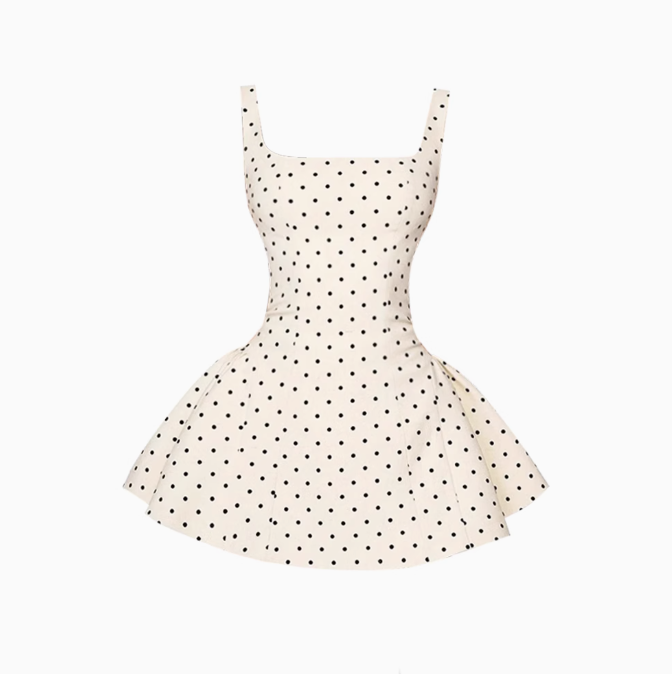 Square collar polka dot suspender dress for women 2025 waisted puffy A-line skirt R1046