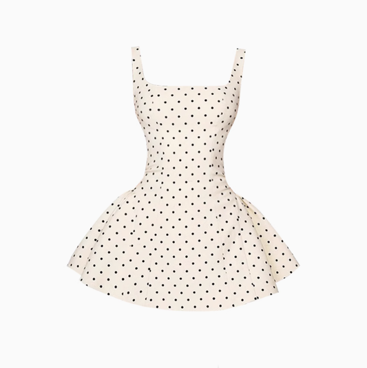 Square collar polka dot suspender dress for women 2025 waisted puffy A-line skirt R1046