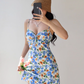 American pastoral blue floral dress waist suspender dress A-line short skirt R2856