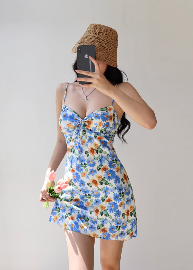 American pastoral blue floral dress waist suspender dress A-line short skirt R2856