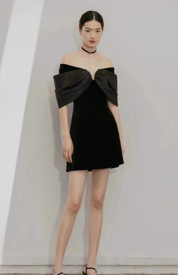 French black satin one shoulder style slimming banquet party short dress, homecoming dress R2987