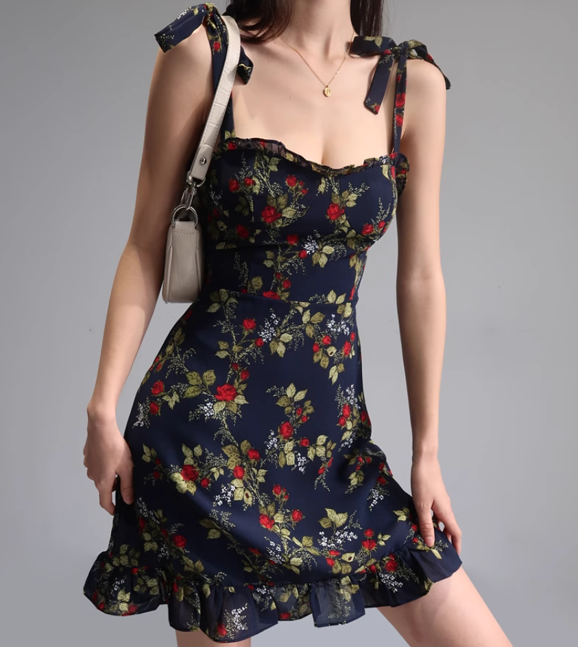 French style black floral suspender skirt retro wood ear high waist dress A-line short skirt R2860