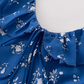 2025 Summer New Retro Blue Floral Ruffle Waist V-Neck Holiday Dress R0976
