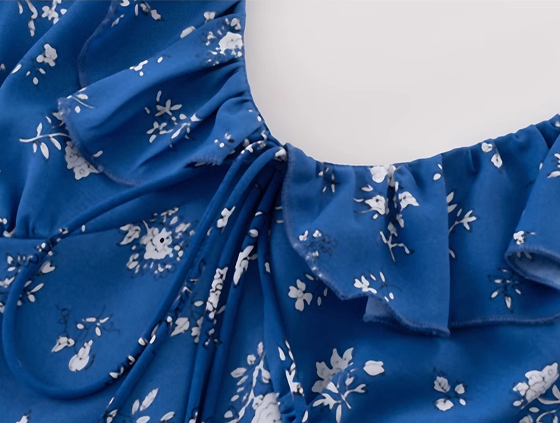 2025 Summer New Retro Blue Floral Ruffle Waist V-Neck Holiday Dress R0976