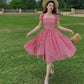Pink checkered waist slim and gentle long skirt homecoming dress R3355
