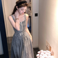 Long Square Neck Black and White Plaid Waisted Suspender Dress Women's Summer French Style Skirt R4621
