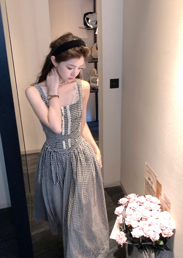 Long Square Neck Black and White Plaid Waisted Suspender Dress Women's Summer French Style Skirt R4621