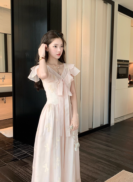 Pink long v-neck waist short-sleeved chiffon dress summer temperament embroidered A-line skirt R4576