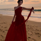Fairy red off-shoulder dress with slim waist and long swing chiffon dress for holiday R1743