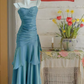 Gray blue suspender waist slim fit pleated ruffled skirt long dress, ball gown R6244