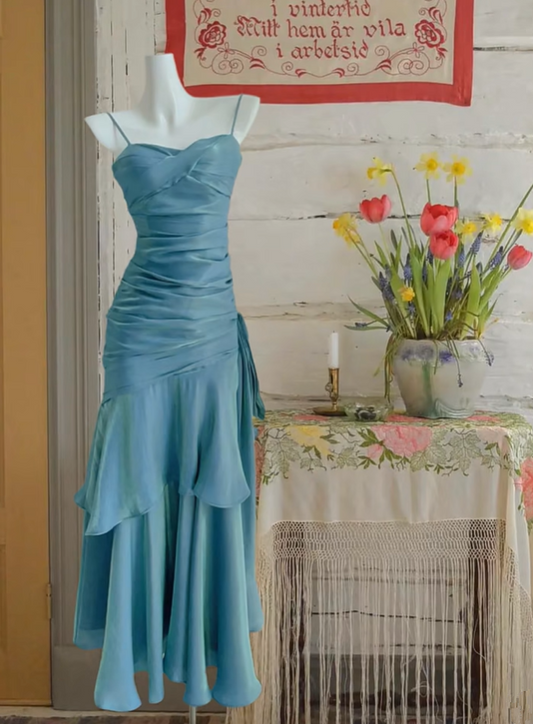 Gray blue suspender waist slim fit pleated ruffled skirt long dress, ball gown R6244