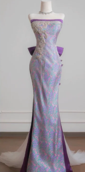 Purple strapless fitted mermaid skirt ball gown R6442