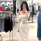 White off-the-shoulder fitted waist slimming hip-hugging sexy long ball gown R7910