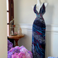 Blue halter neck design, printed, fitted long ball gown R6882