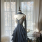 Gray-blue halter-neck, fitted waist, sexy midi-length prom dress R7719