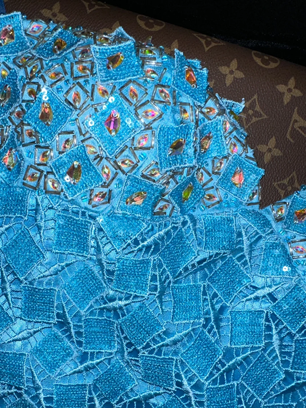 Blue strapless rhinestone-embellished fitted mermaid long ball gown R6404