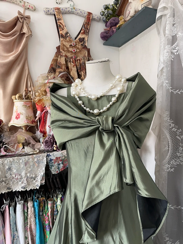 Gray green satin sleeveless waist slim mermaid maxi ball gown R6164