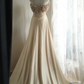 Champagne-colored halter-neck floral neckline satin long ball gown R6842